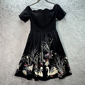Belle Poque Women's Medium Black Dress Swan Floral Print Scalloped Front Smocked